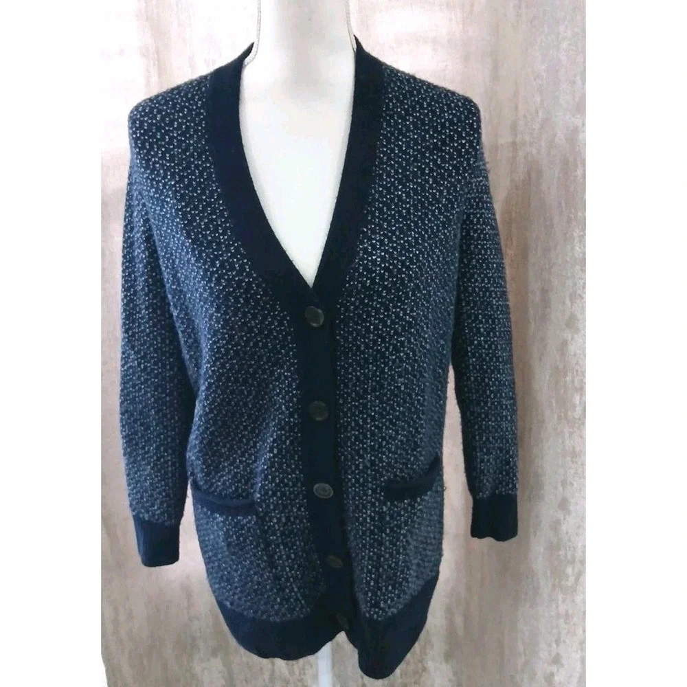 Madewell‎ Womens Navy Blue White Birds Eye Knit Button Front Cardigan Sweater XS